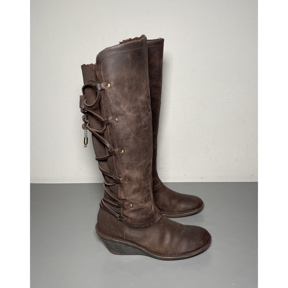OTBT Chocolate Brown Leather Shearling Wedge Winter Boots 9.5